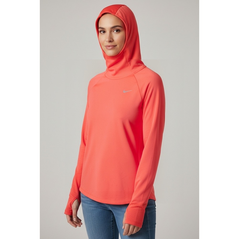 Nike Dri-FIT Women Running Hoodie Balaclava Mask Red Long Sleeve Thumbhole Top M
